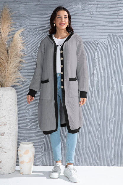 Button Up Contrast Trim Hooded Cardigan-Angel Casuals
