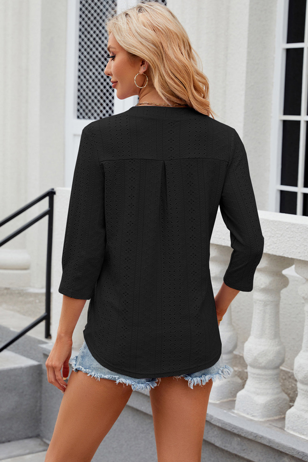 Eyelet Notched Knit Jacquard Top-Angel Casuals