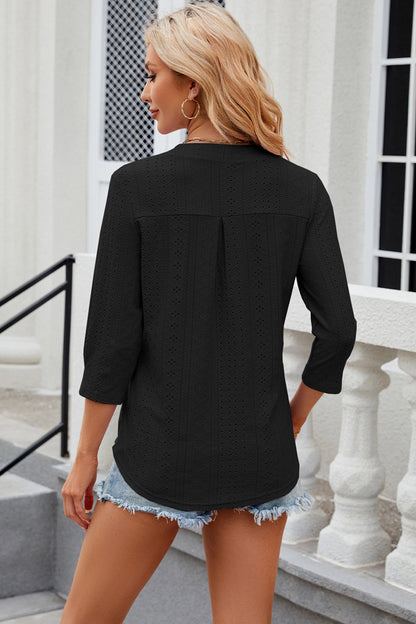 Eyelet Notched Knit Jacquard Top-Angel Casuals
