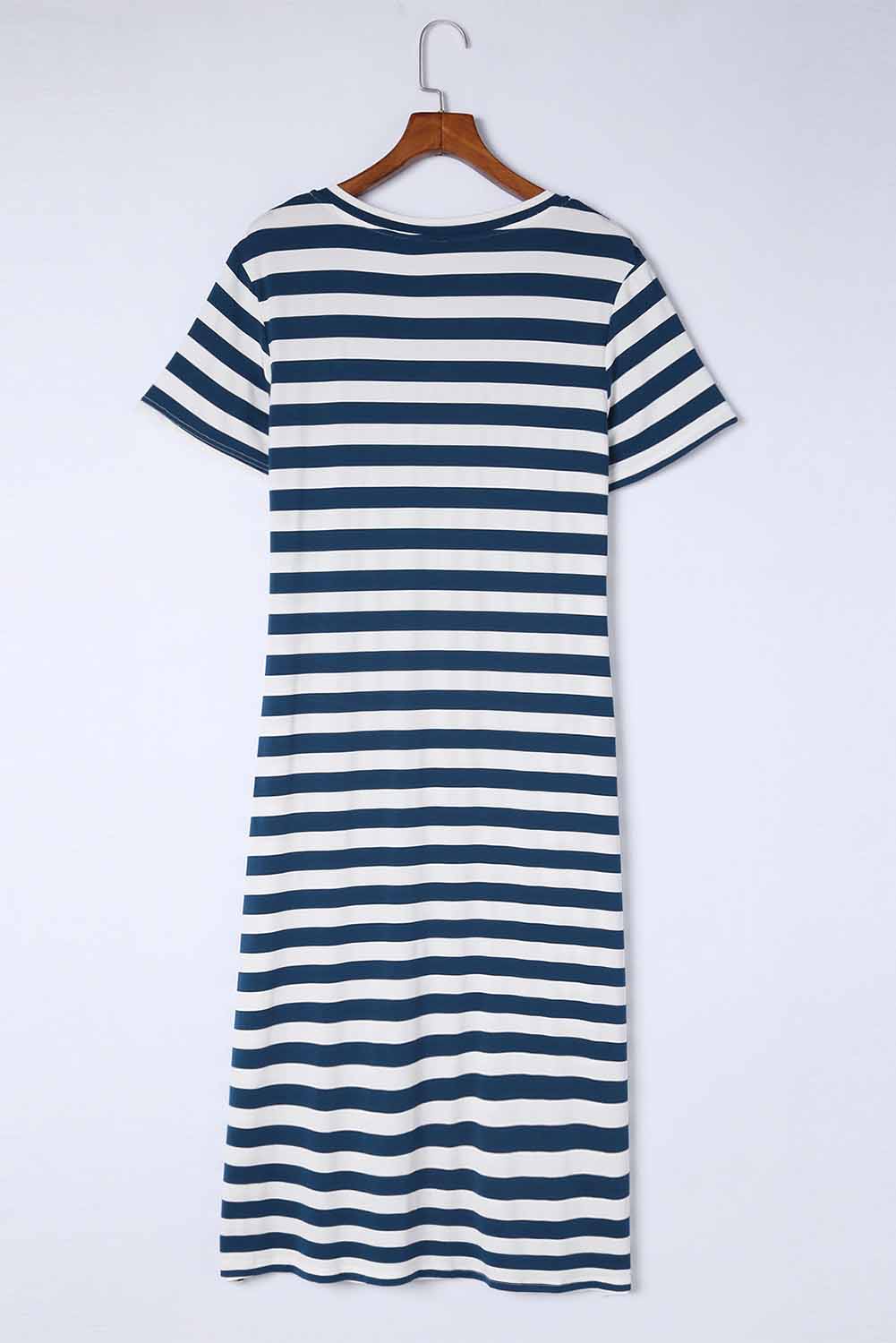 Striped V-Neck Short Sleeve Side Slit Dress-Angel Casuals