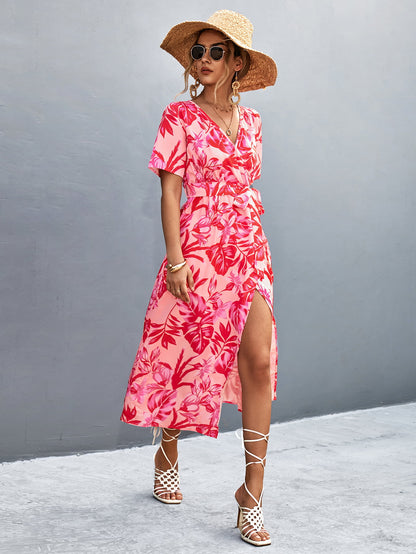 Floral Print High Slit Surplice Neck Tie Waist Midi Dress-Angel Casuals