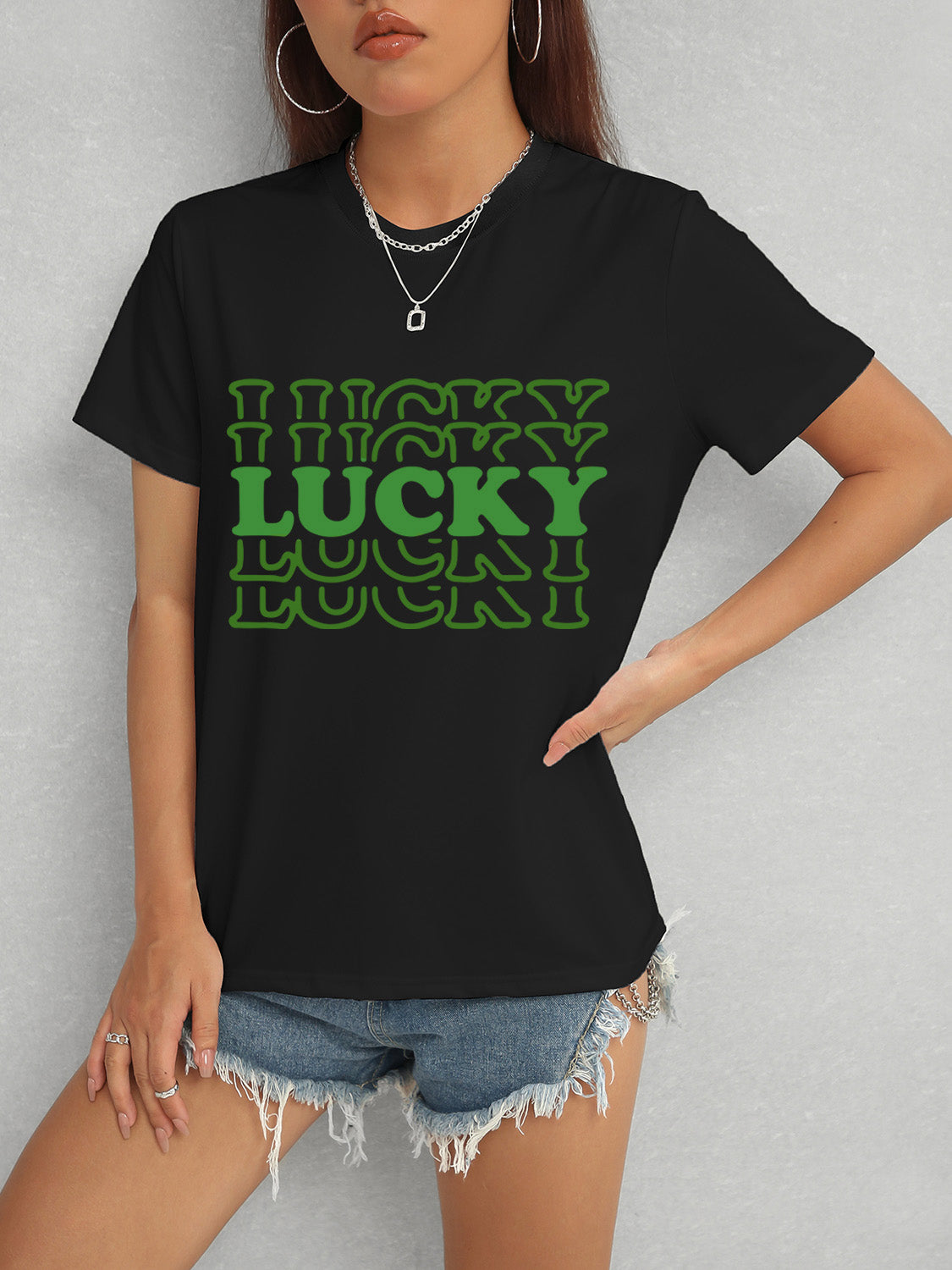 LUCKY Round Neck Short Sleeve T-Shirt-Angel Casuals