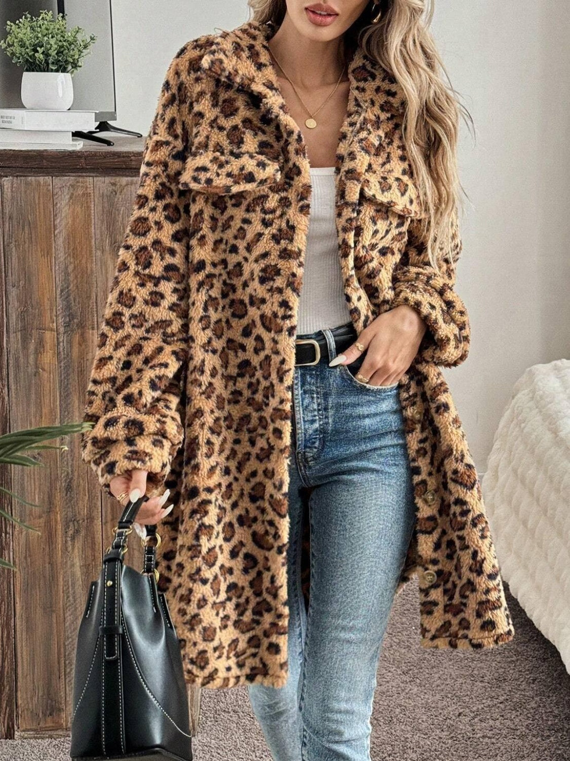 Leopard Button Up Long Sleeve Fuzzy Coat-Angel Casuals