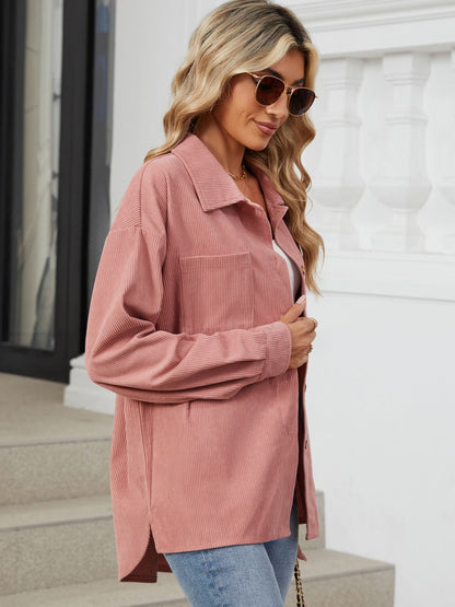 Button Up Dropped Shoulder Long Sleeve Outerwear-Angel Casuals