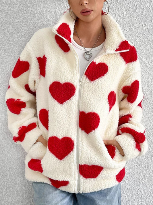 Heart Zip Up Drop Shoulder Furry Jacket-Angel Casuals