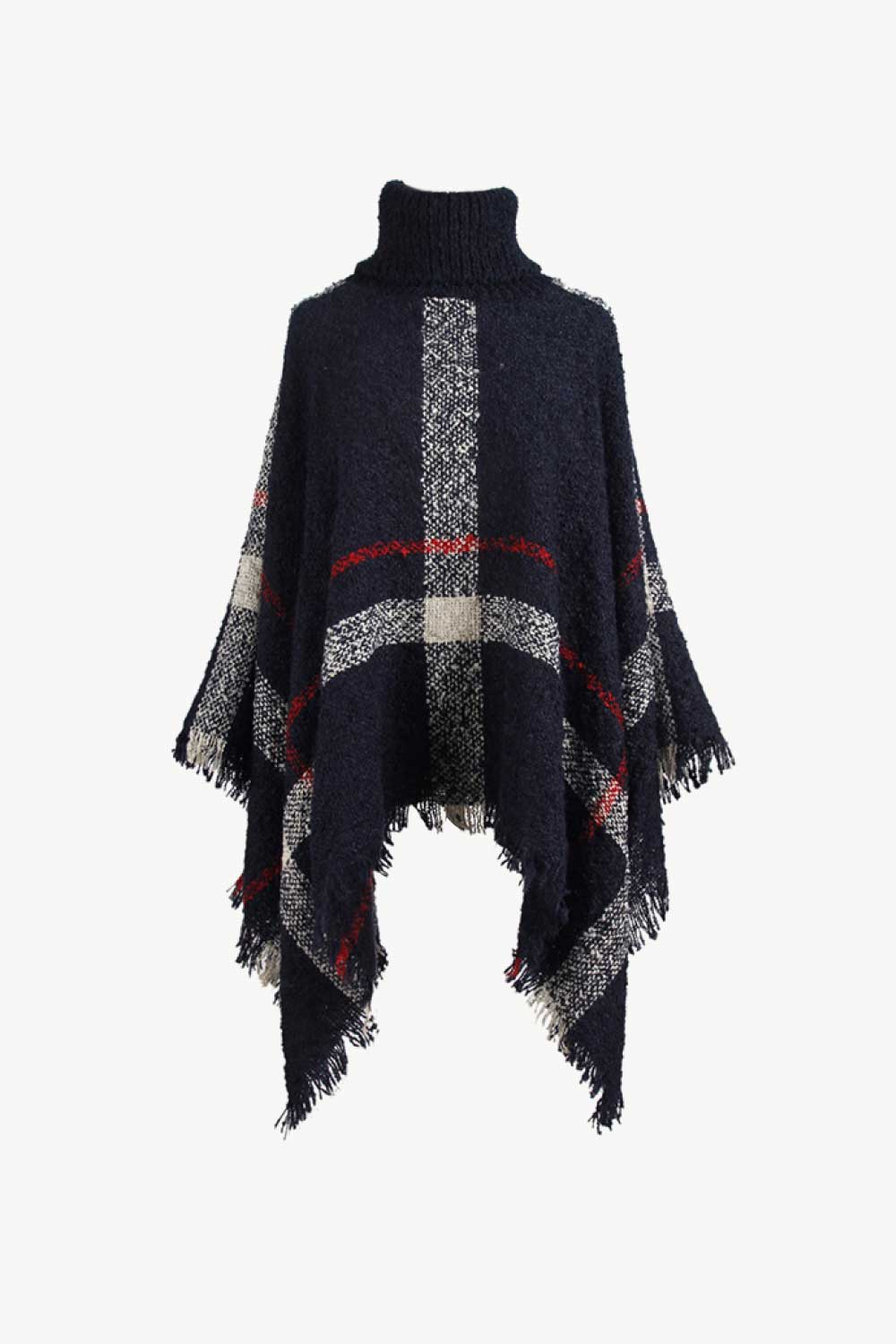 Plaid Turtleneck Raw Hem Poncho-Angel Casuals