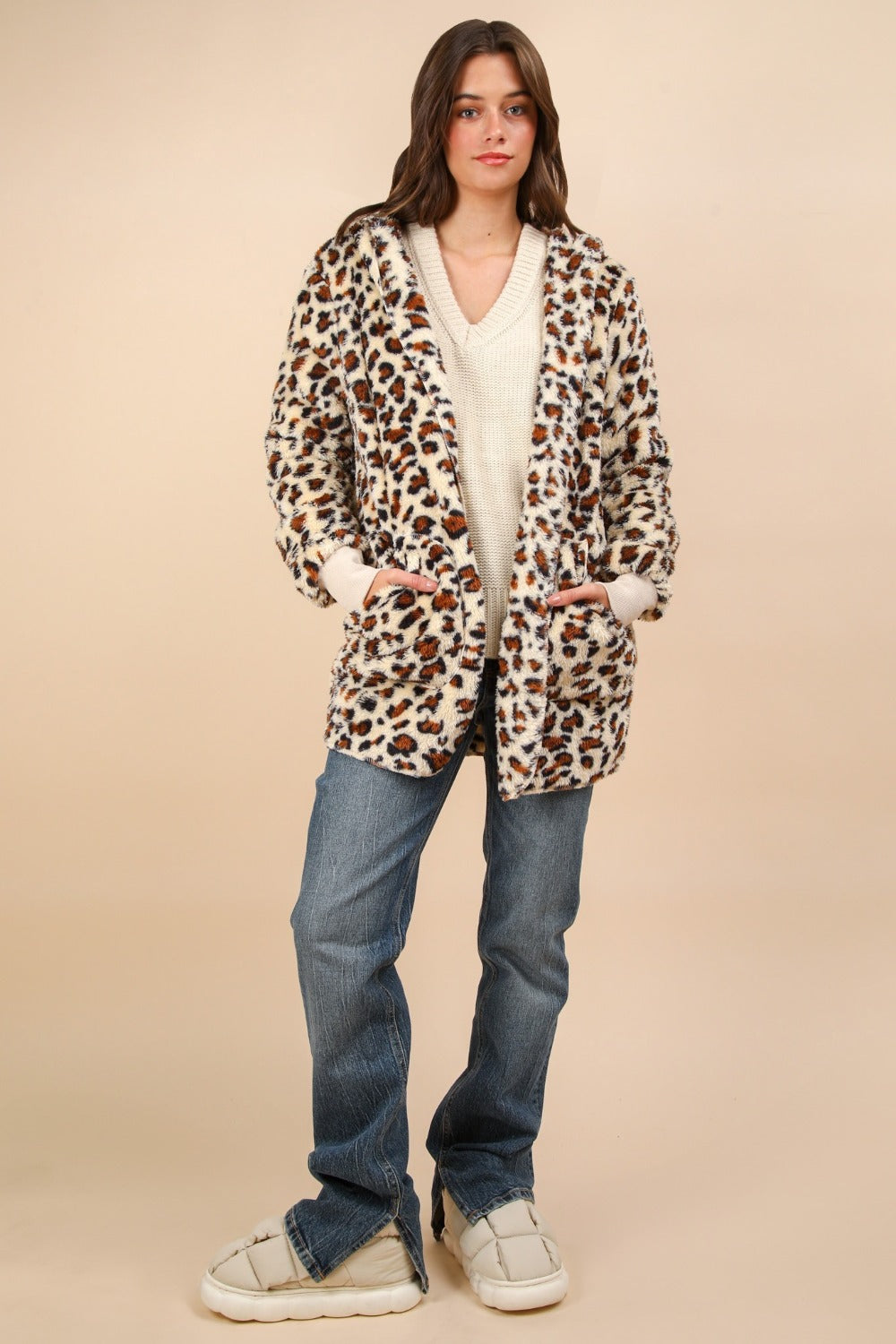 VERY J Fuzzy Leopard Long Sleeve Hooded Jacket-Angel Casuals