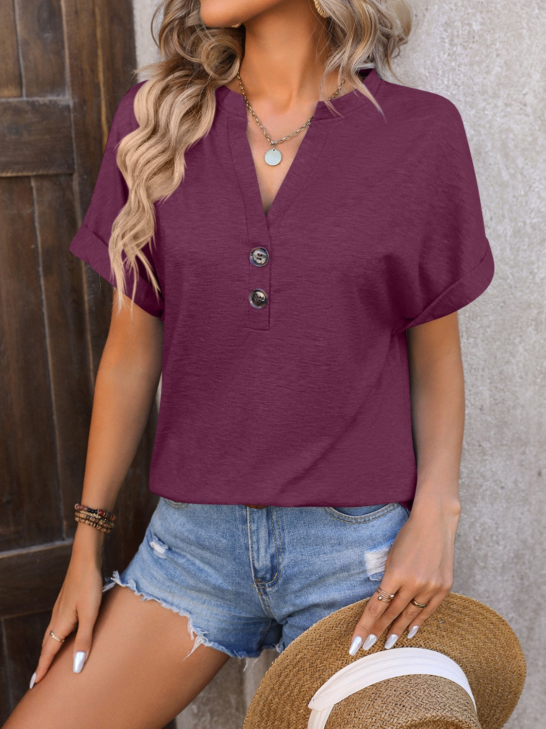 Notched Buttoned Short Sleeve T-Shirt-Angel Casuals