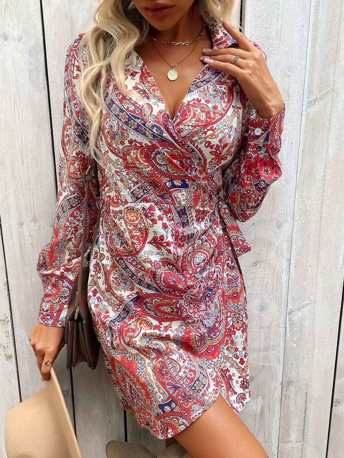 Tied Printed Long Sleeve Mini Dress-Angel Casuals