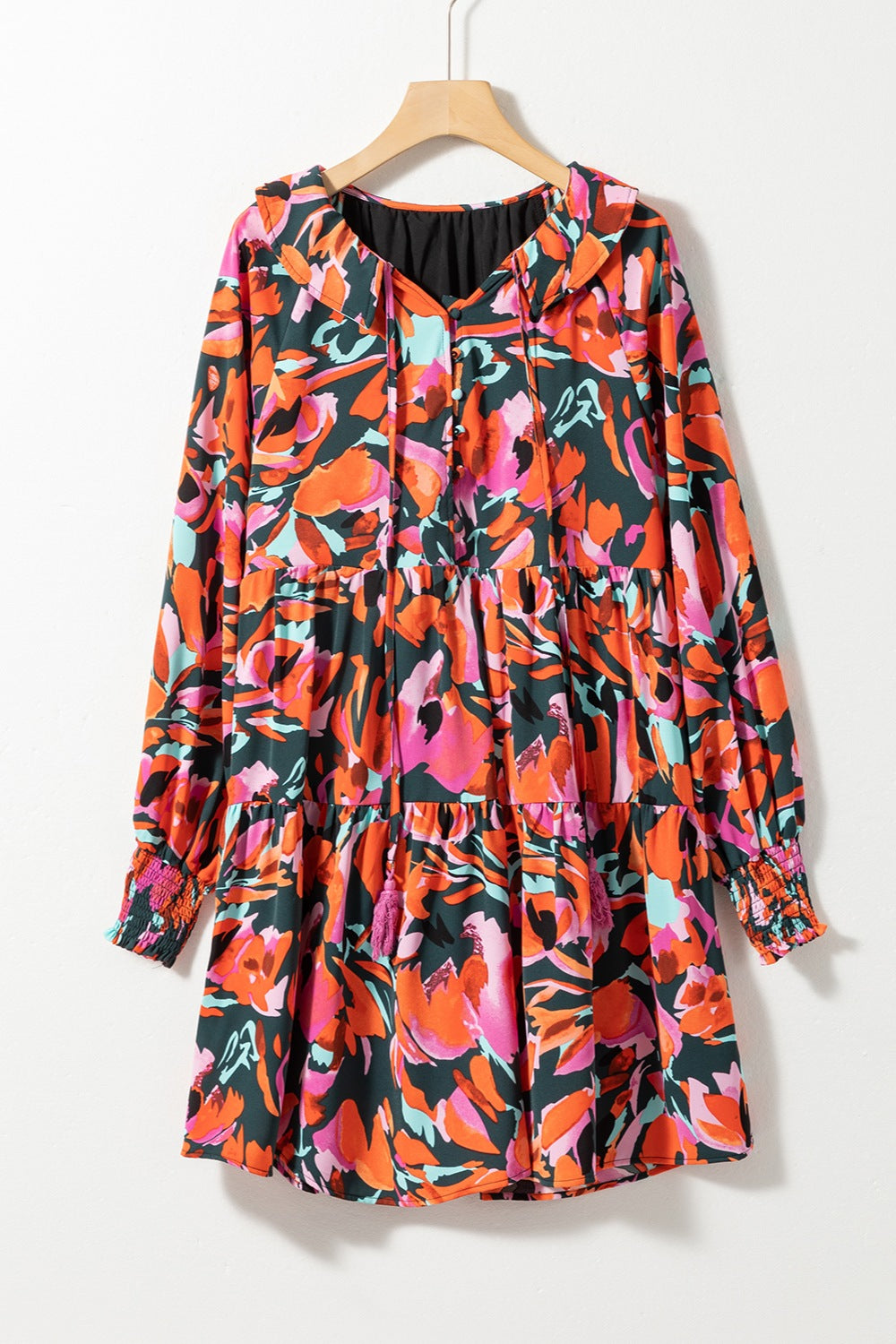 Printed Tie Neck Lantern Sleeve Mini Dress-Angel Casuals