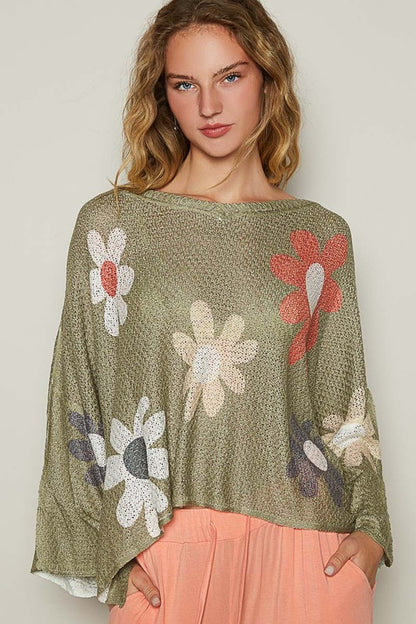 POL Flower Dropped Shoulder Long Sleeve Knit Top-Angel Casuals