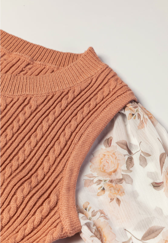 Cable Knit Round Neck Flounce Sleeve Sweater-Angel Casuals