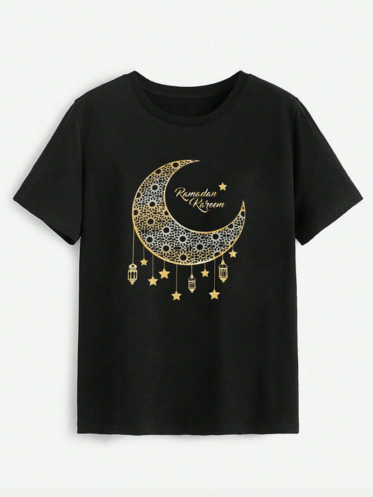 Moon Graphic Round Neck Short Sleeve T-Shirt-Angel Casuals