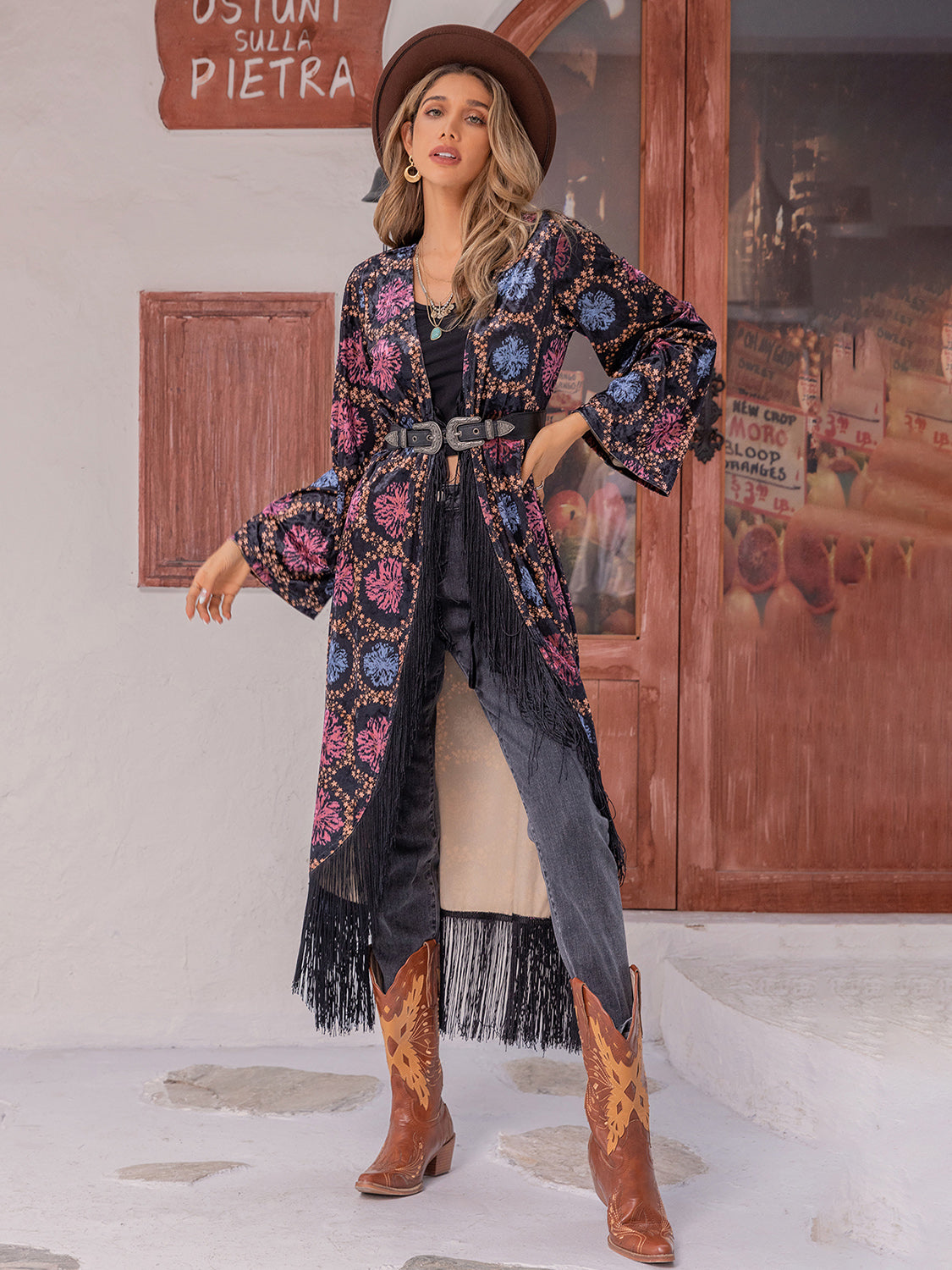 Fringe Open Front Long Sleeve Cardigan-Angel Casuals
