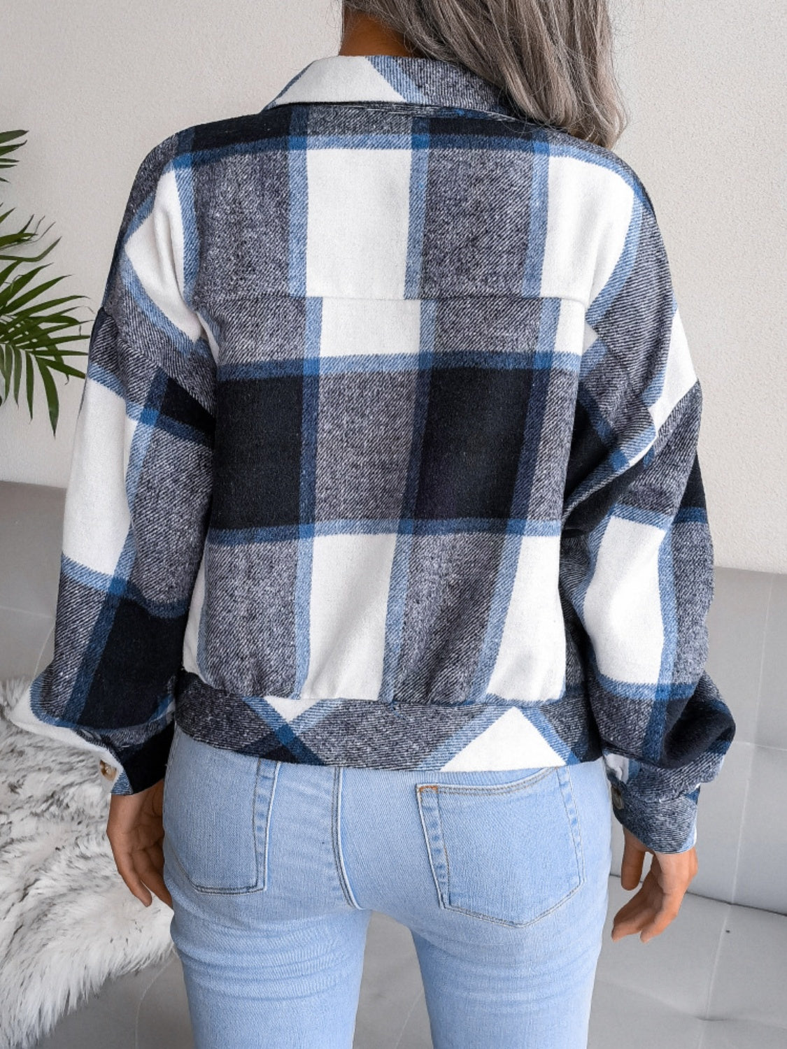 Plaid Collared Neck Long Sleeve Jacket-Angel Casuals