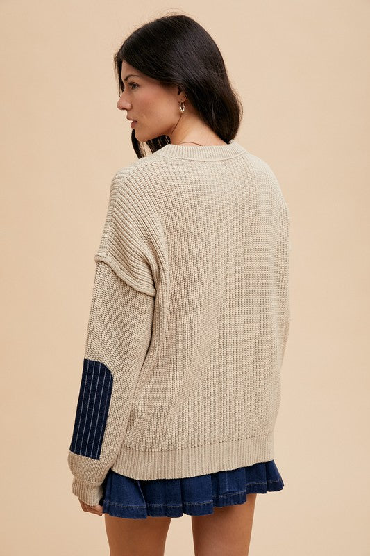 Annie Wear Contrast Round Neck Drop Shoulder Sweater with Patch Pocket-Angel Casuals