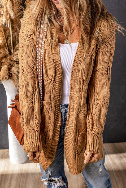 Cable-Knit Dropped Shoulder Slit Cardigan-Angel Casuals