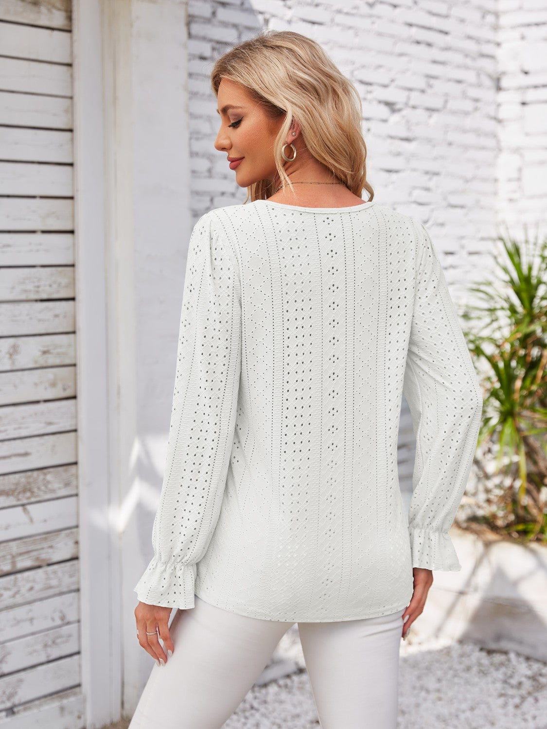 Applique V-Neck Flounce Sleeve T-Shirt-Angel Casuals