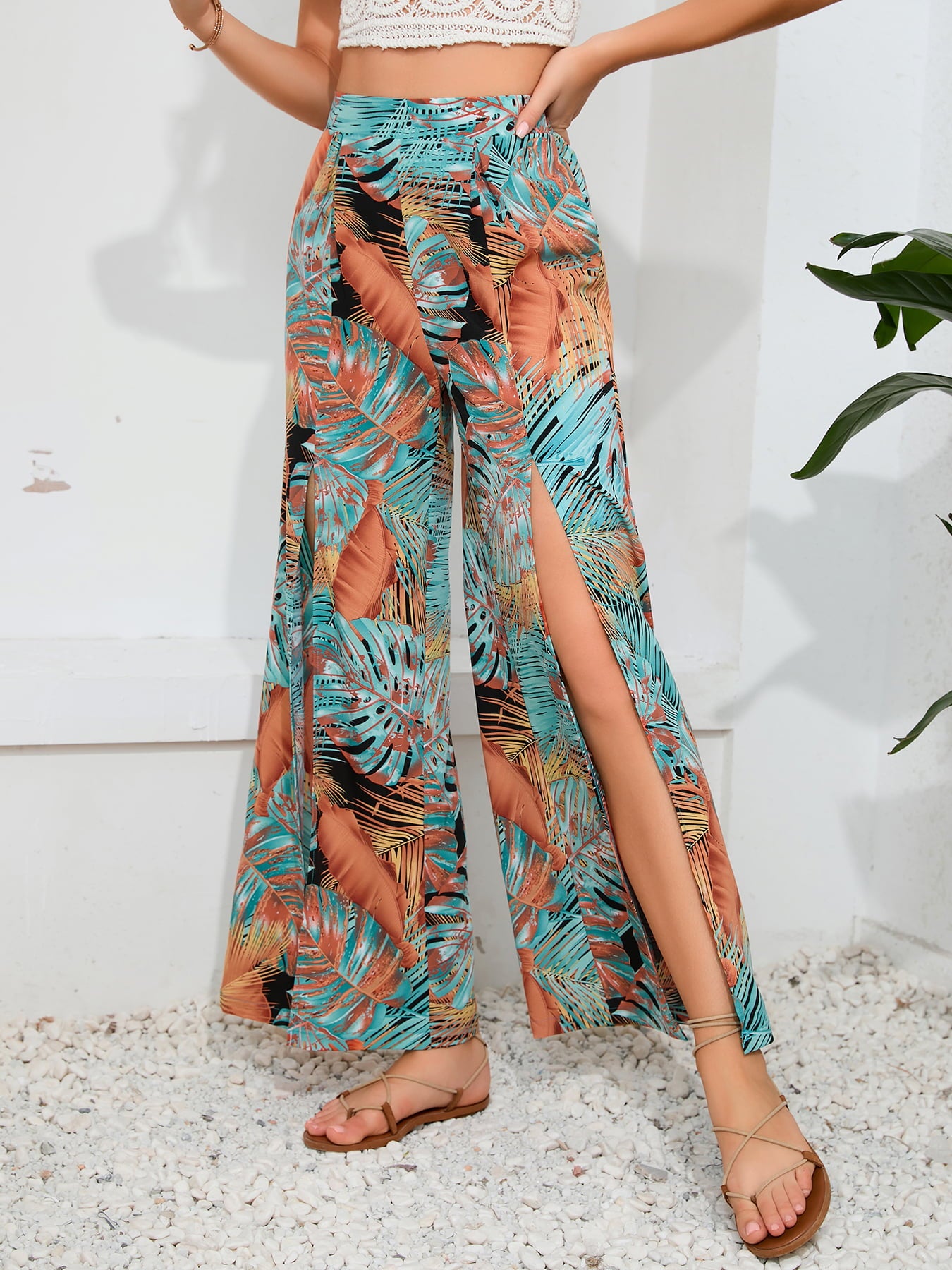 Printed Split Wide Leg Long Pants-Angel Casuals