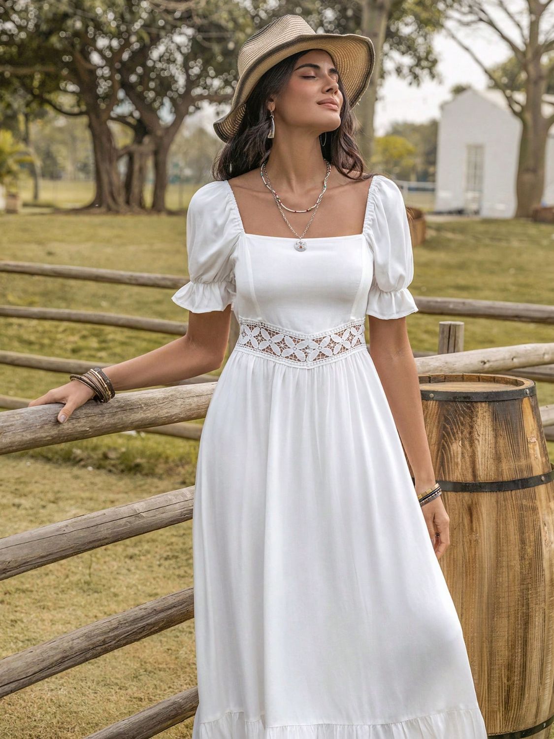 Square Neck Flounce Sleeve Midi Dress-Angel Casuals