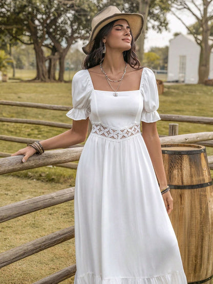 Square Neck Flounce Sleeve Midi Dress-Angel Casuals