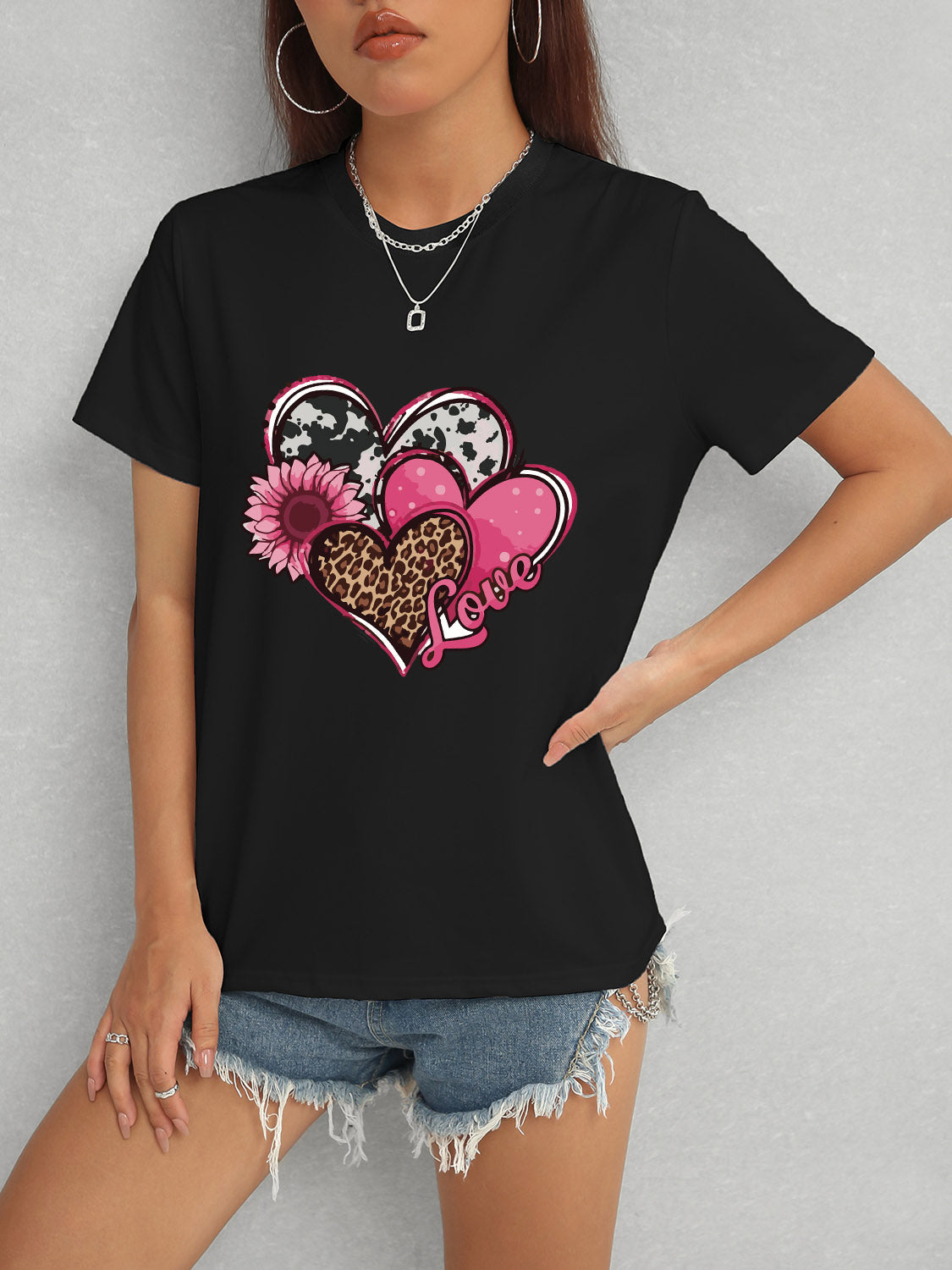 Heart Round Neck Short Sleeve T-Shirt-Angel Casuals