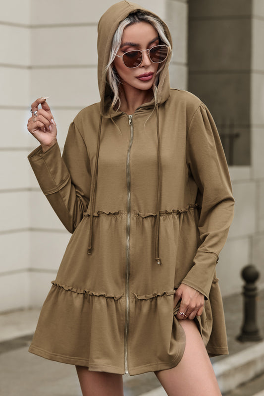 Zip Up Frill Drawstring Hooded Jacket-Angel Casuals