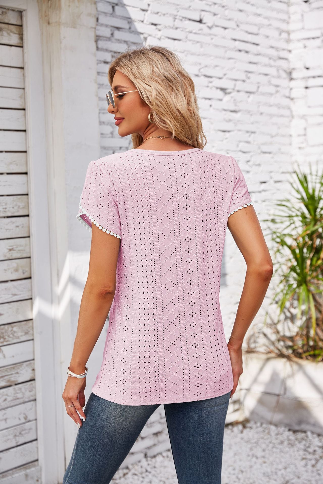 Eyelet Round Neck Petal Sleeve T-Shirt-Angel Casuals