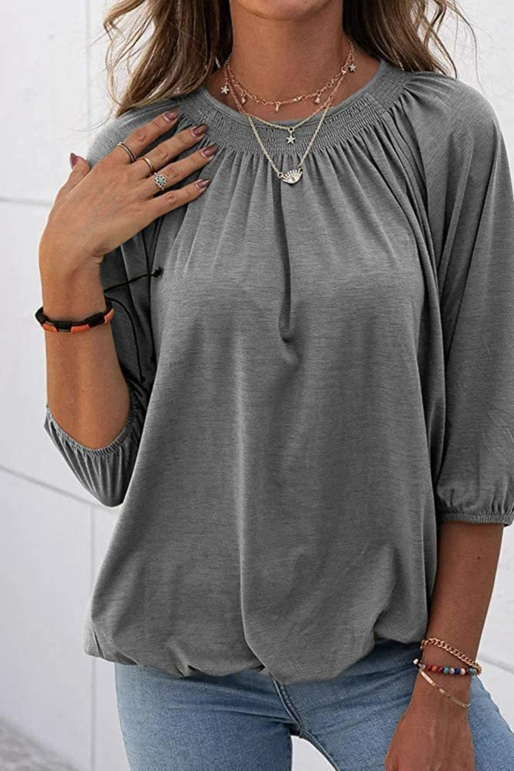 Gathered Detail Round Neck T-Shirt-Angel Casuals