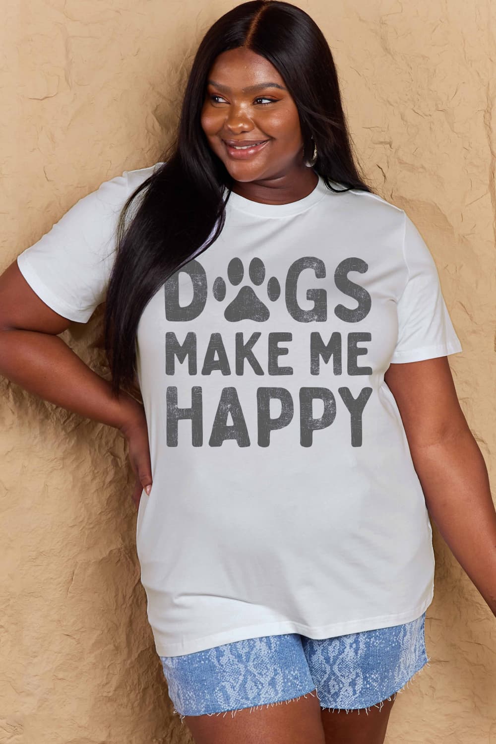 Simply Love Full Size DOGS MAKE ME HAPPY Graphic Cotton T-Shirt-Angel Casuals