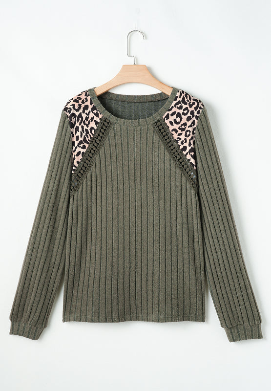Leopard Round Neck Long Sleeve T-Shirt-Angel Casuals