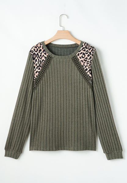 Leopard Round Neck Long Sleeve T-Shirt-Angel Casuals