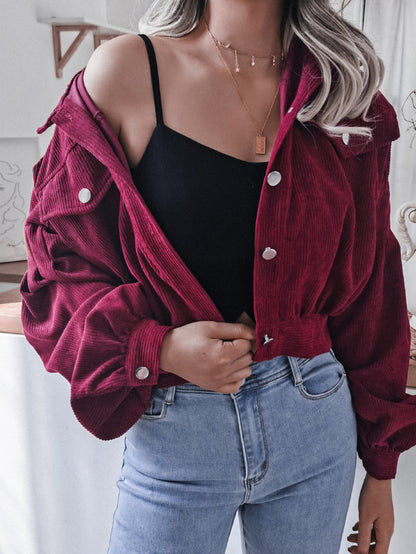 Lantern Sleeve Cropped Corduroy Jacket-Angel Casuals