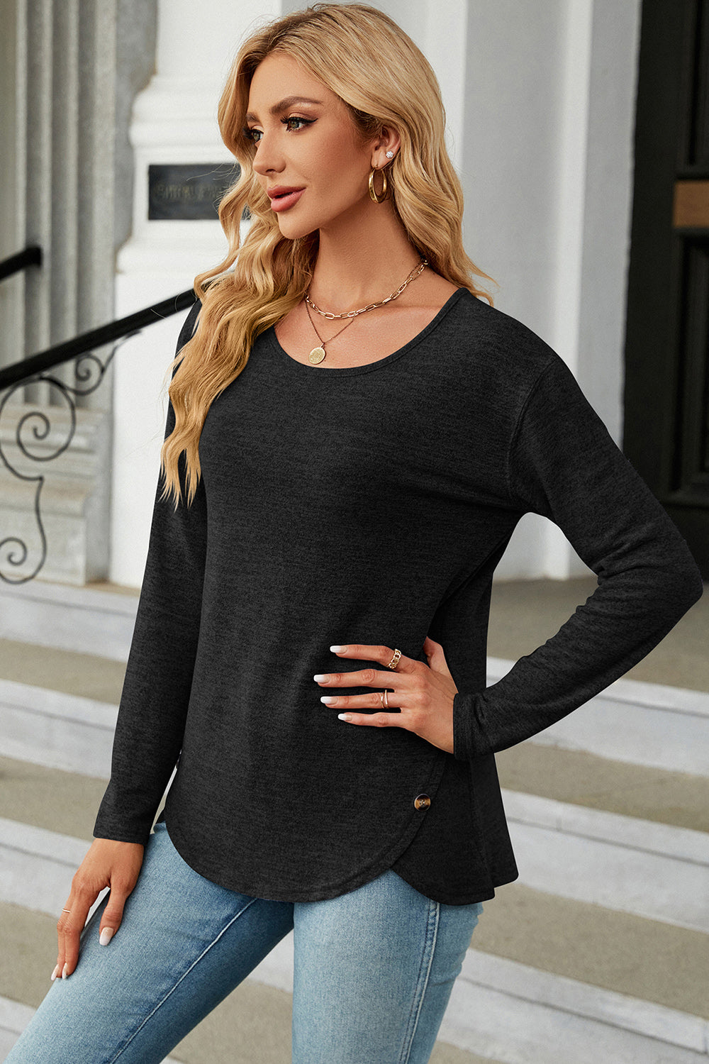 Round Neck Long Sleeve T-Shirt-Angel Casuals