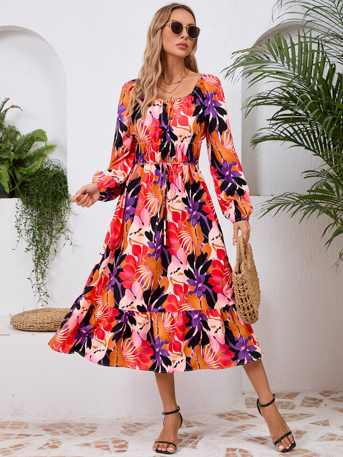 Printed Long Sleeve Midi Dress-Angel Casuals