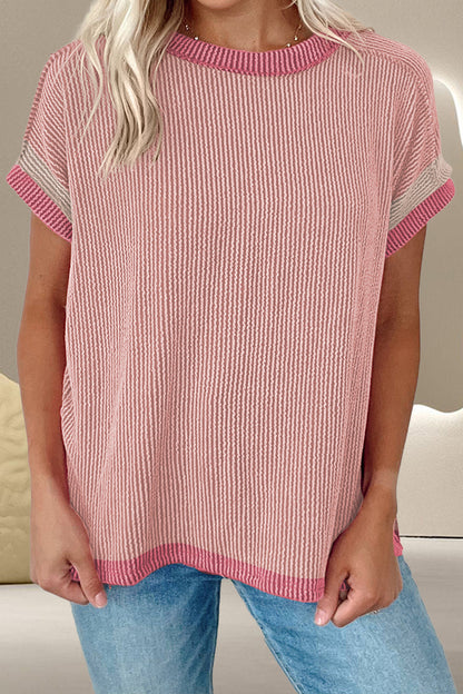 Color Block Round Neck Cap Sleeve T-Shirt-Angel Casuals