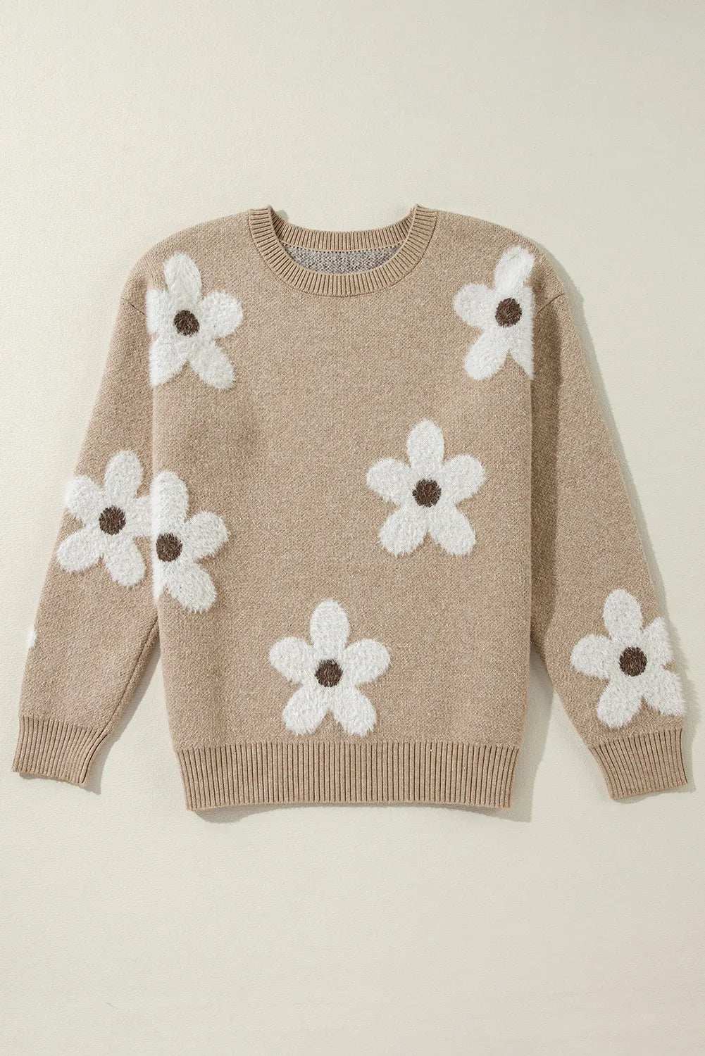 Flower Round Neck Long Sleeve Sweater-Angel Casuals