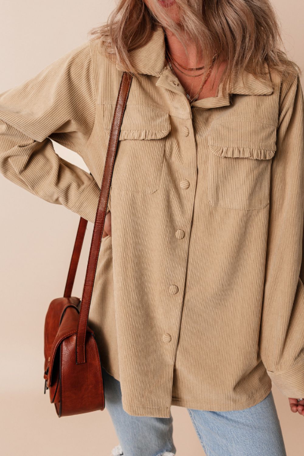 Frill Button Up Long Sleeve Shacket-Angel Casuals