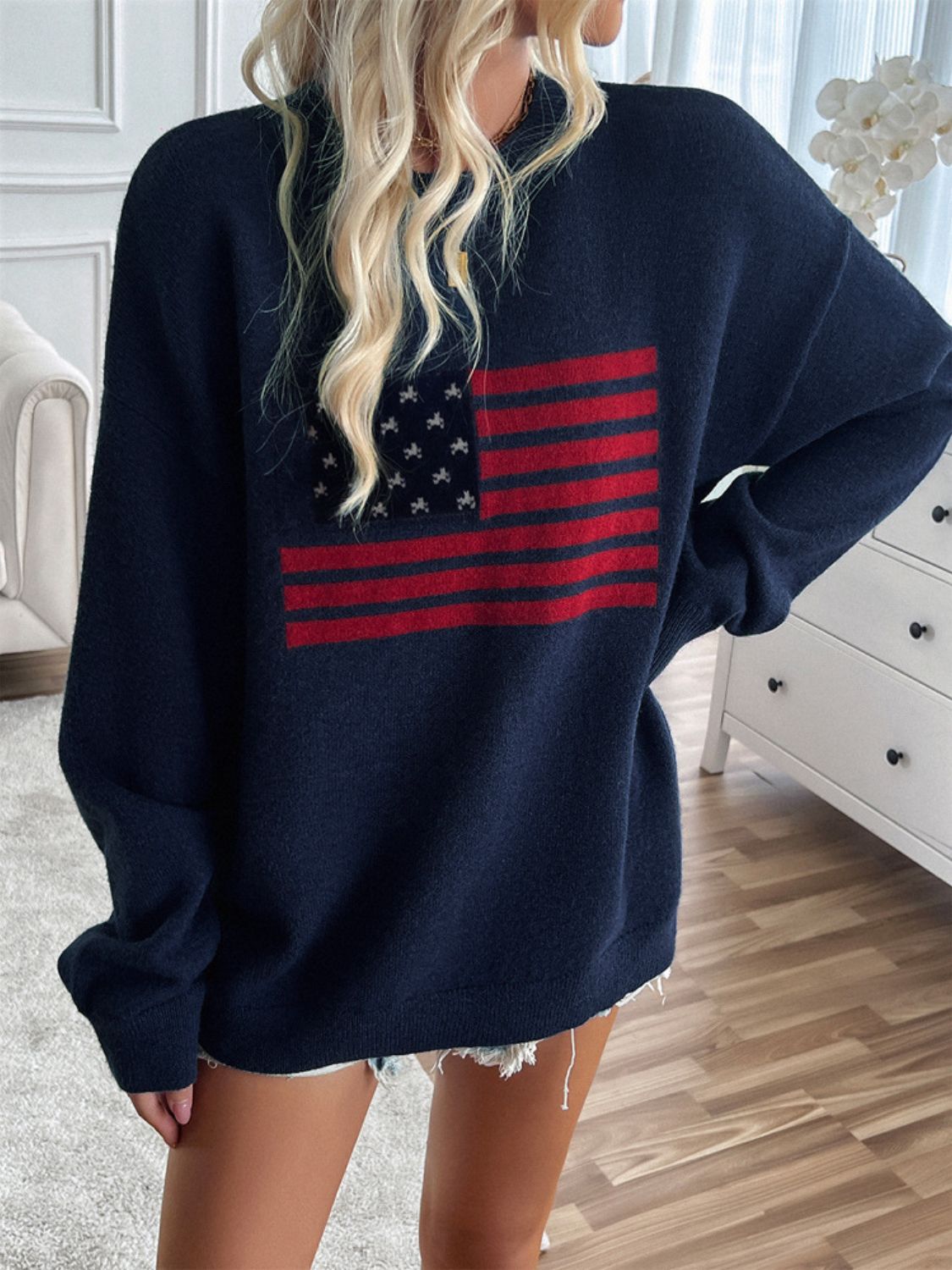 Devine US Flag Round Neck Long Sleeve Knit Top-Angel Casuals