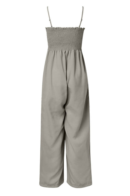 Smocked Spaghetti Strap Wide Leg Jumpsuit-Angel Casuals