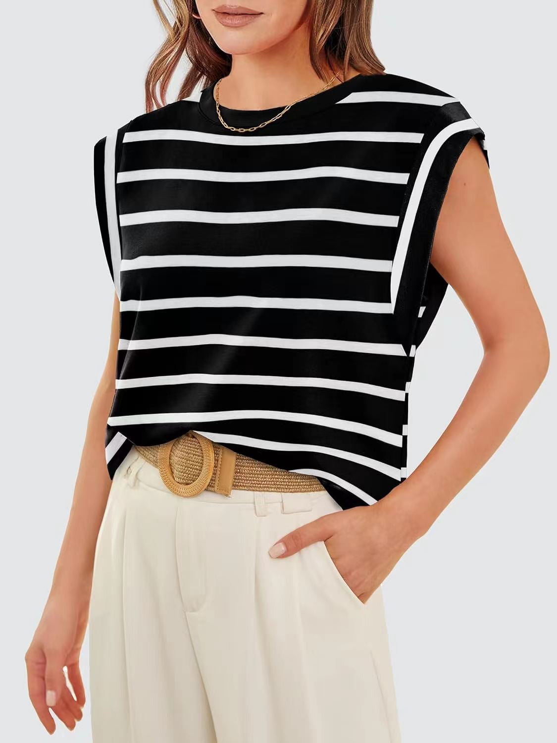 Striped Round Neck Cap Sleeve T-Shirt-Angel Casuals