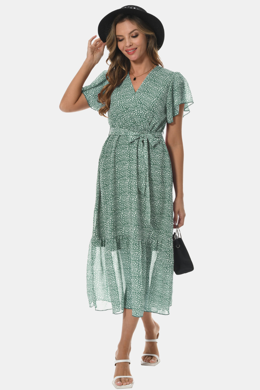 Surplice Neck Flutter Sleeve Tied Dress-Angel Casuals