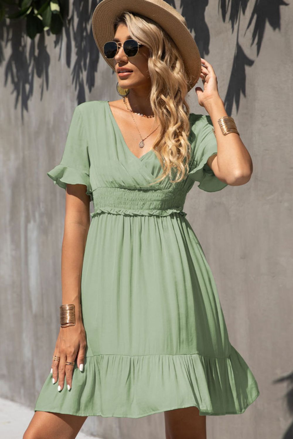 Smocked Waist Flounce Sleeve Ruffle Hem Dress-Angel Casuals