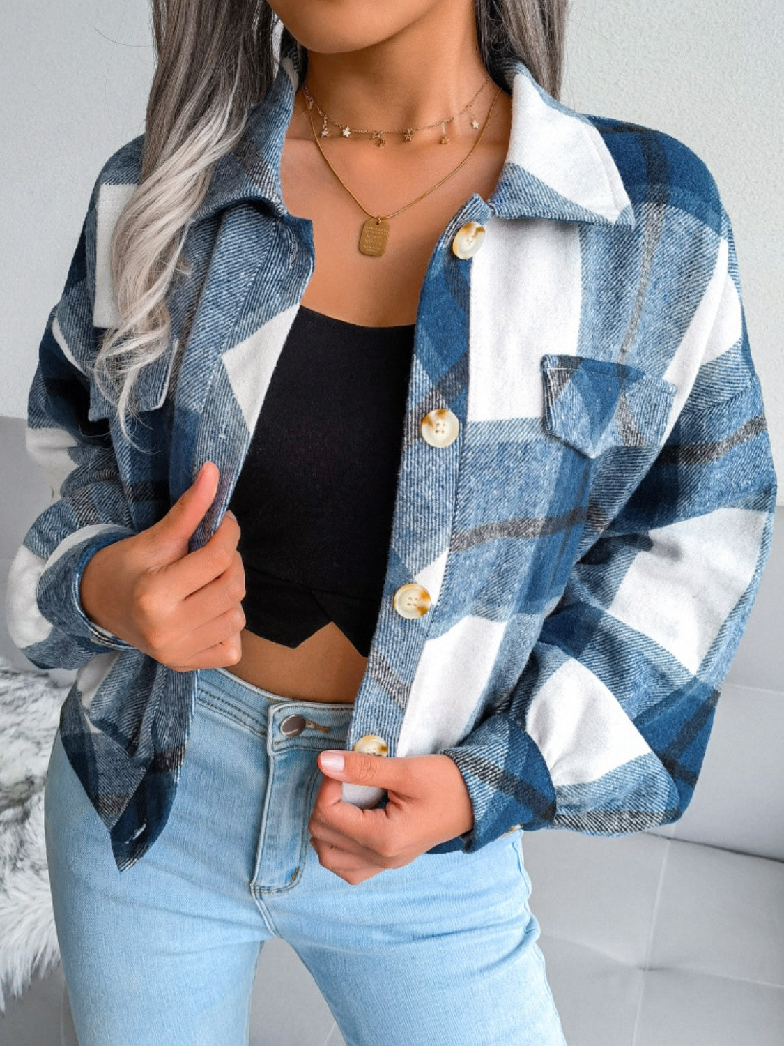 Plaid Collared Neck Long Sleeve Jacket-Angel Casuals