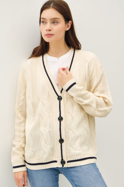 Be Cool Contrast Trim Cable-Knit V-Neck Cardigan-Angel Casuals