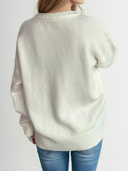 Round Neck Dropped Shoulder Long Sleeve Sweater-Angel Casuals