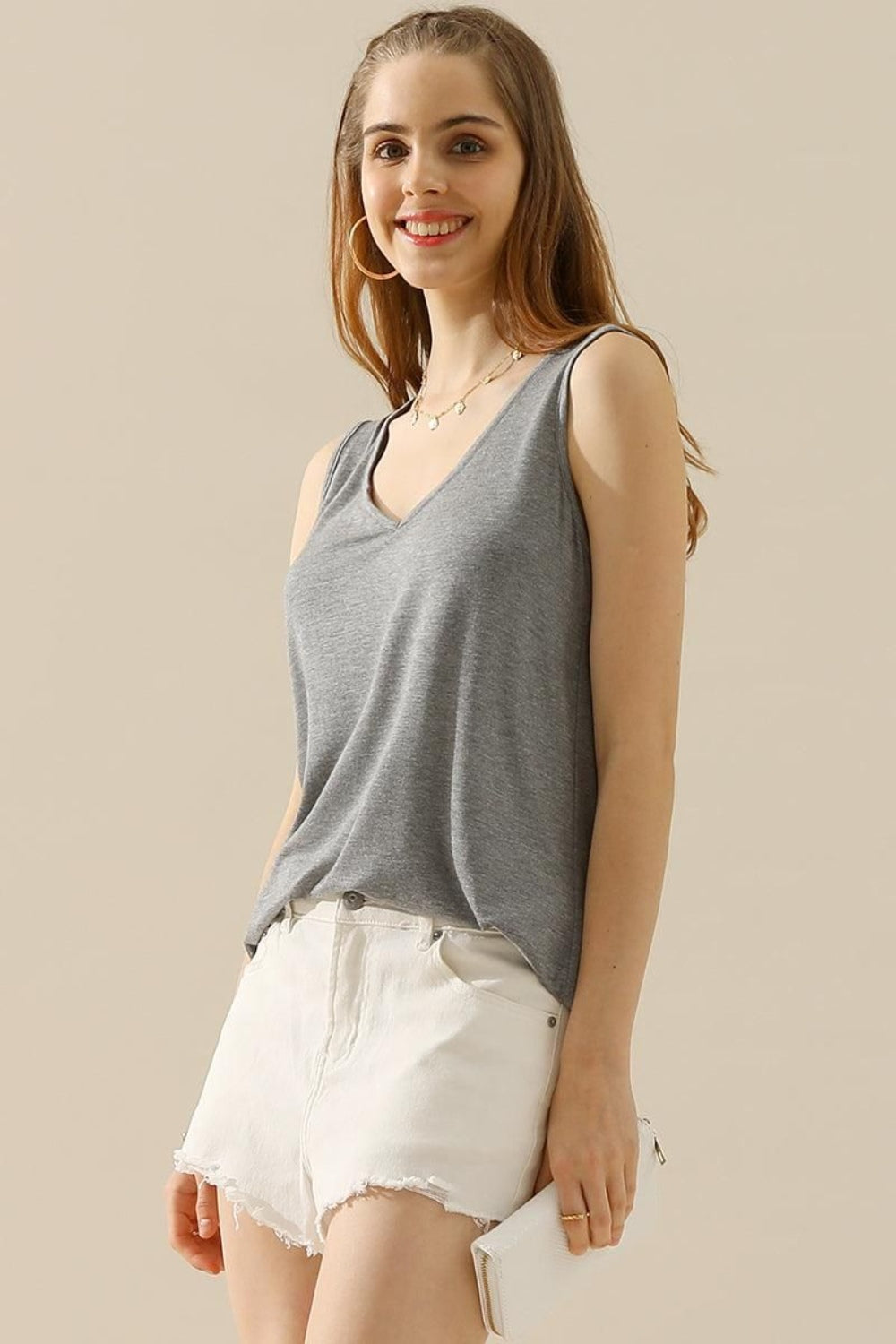 Ninexis Full Size V-Neck Curved Hem Tank-Angel Casuals