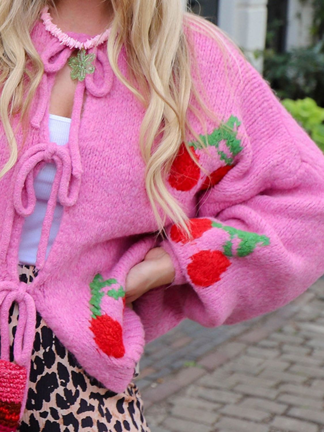 Tied Cherry Round Neck Long Sleeve Cardigan-Angel Casuals