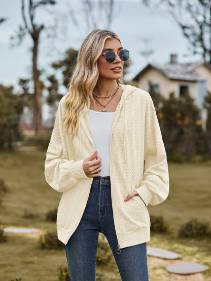 Zip Up Drawstring Long Sleeve Hooded Jacket-Angel Casuals
