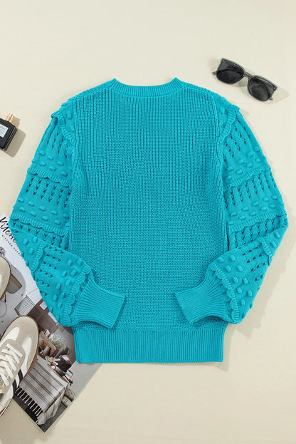 Openwork Frill Round Neck Long Sleeve Sweater-Angel Casuals